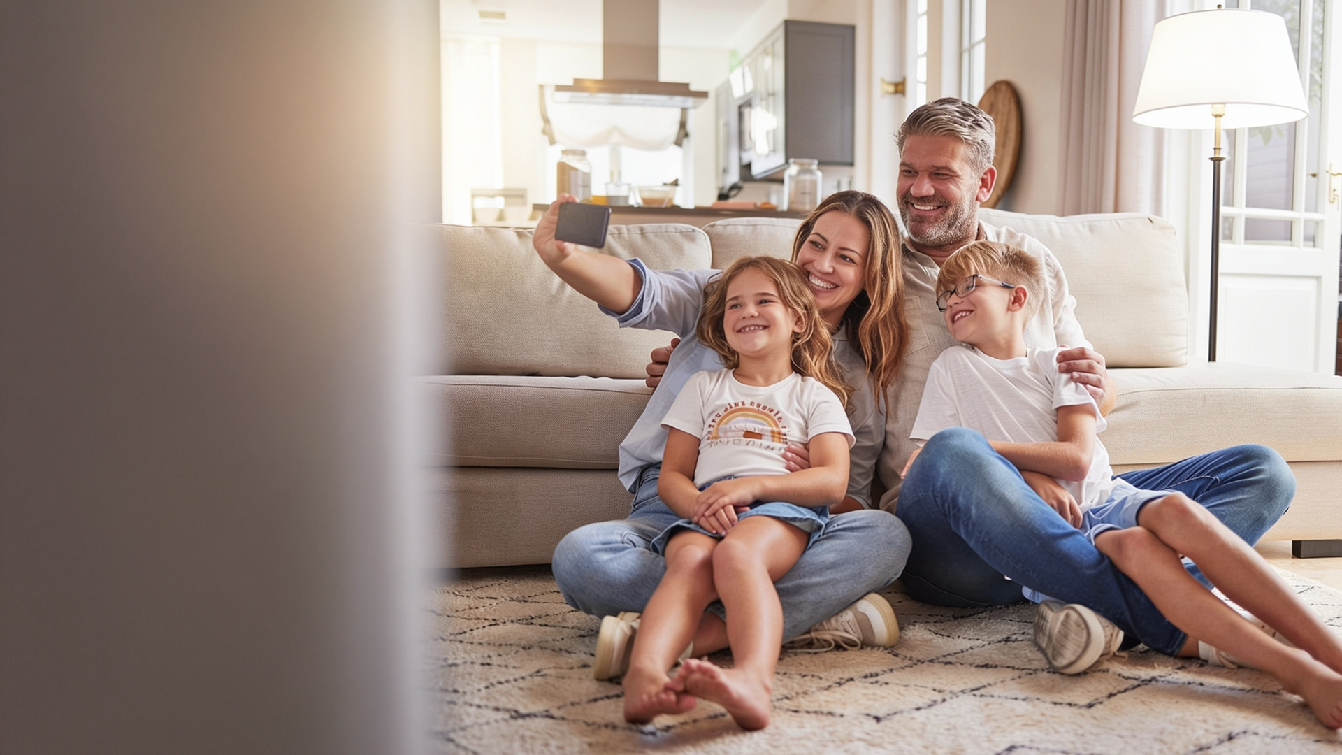 A family of four smiling together on a couch in a bright, comfortable living room