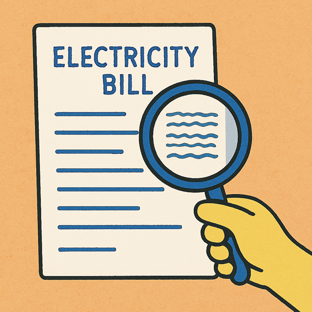 A hand holding a magnifying glass is closely examining an electricity bill, highlighting the text and details on the document against a tan background.