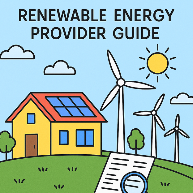 Illustration of a house with solar panels, wind turbines, trees, and a bright sun, with the title Renewable Energy Provider Guide at the top and a document with a magnifying glass in the foreground.