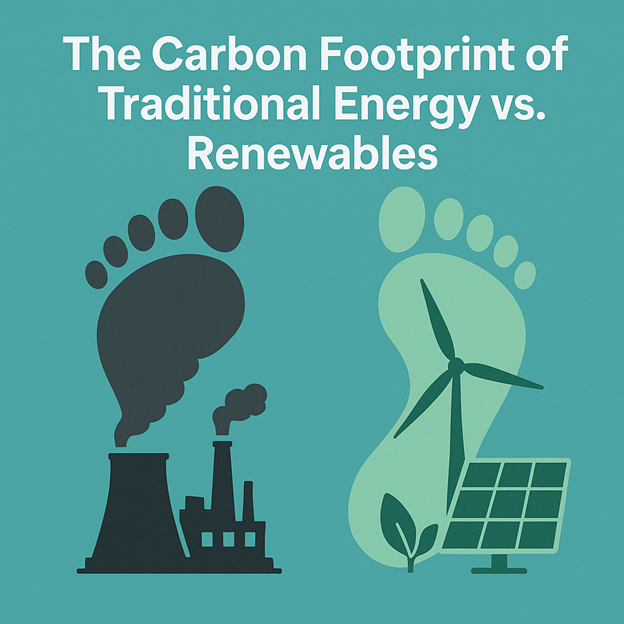 Graphic comparing the carbon footprint of traditional energy, shown with a smokestack and large footprint, to renewables, shown with a wind turbine, solar panel, and smaller footprint. Text states: The Carbon Footprint of Traditional Energy vs. Renewables.