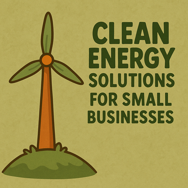 Illustration of a wind turbine on a grassy hill next to bold green text that reads, Clean Energy Solutions for Small Businesses, on a textured light green background.