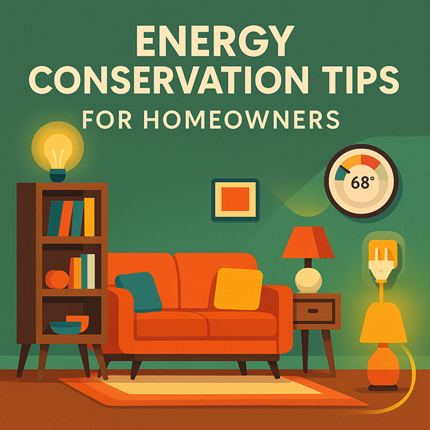 Illustration of a cozy living room with a sofa, bookshelf, lamp, and thermostat set to 68°F. Text at the top reads “Energy Conservation Tips for Homeowners.”.
