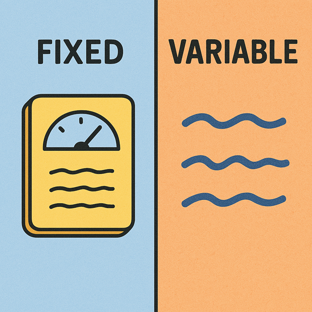 A split graphic compares Fixed with a gauge icon and straight lines on a blue background, to Variable with wavy lines on an orange background.