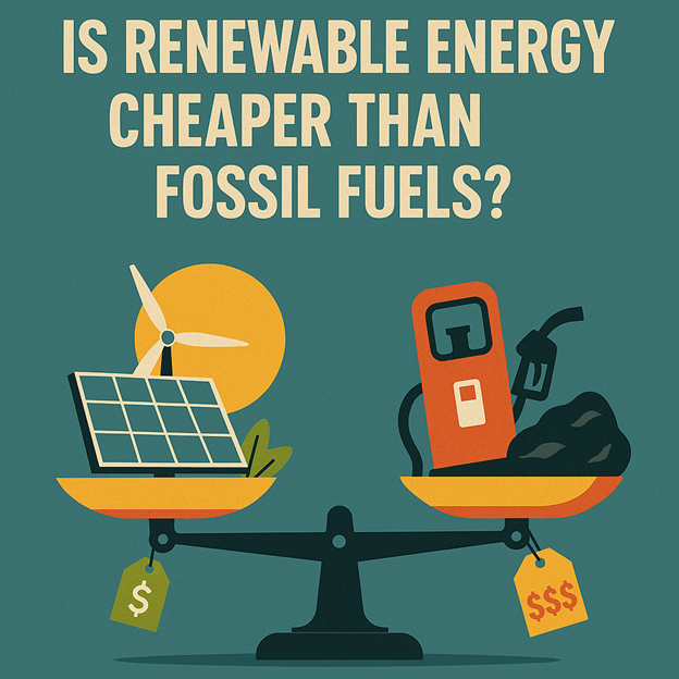 Illustration of a scale balancing renewable energy symbols (wind turbine, solar panel) on one side and fossil fuel symbols (gas pump, coal, dollar signs) on the other, with the text: Is renewable energy cheaper than fossil fuels?.