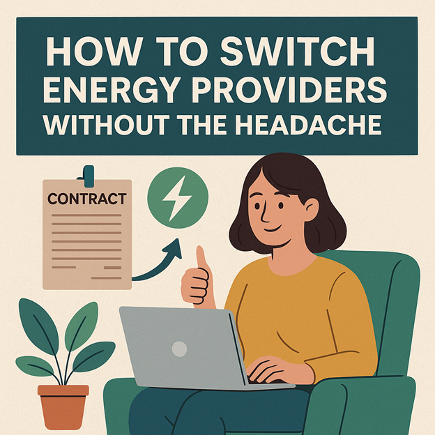 Illustration of a woman sitting with a laptop, giving a thumbs up. A contract, lightning bolt icon, and plant are beside her. Text above reads: How to switch to clean energy providers without the headache.