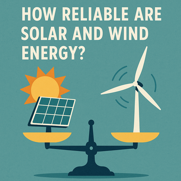 Illustration of a scale balancing a solar panel with a sun on one side and a wind turbine on the other, with the text How reliable are solar and wind energy? at the top.