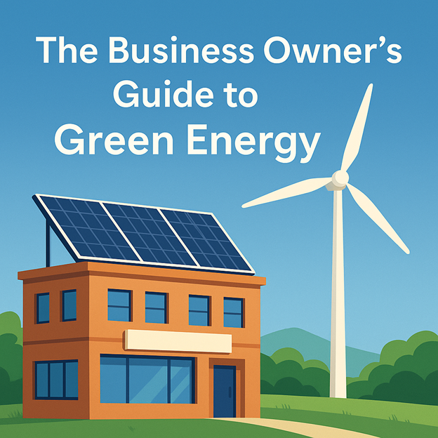 Ilustración de un edificio con paneles solares en el tejado y una turbina eólica cerca, en un paisaje verde, con el texto Guía del empresario sobre energía verde en la parte superior.