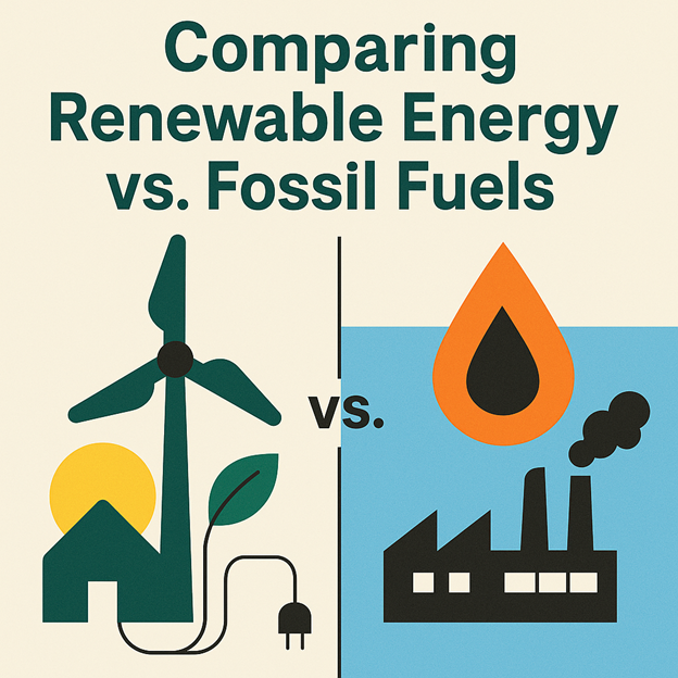 Un gráfico dividido compara la energía renovable, simbolizada por un aerogenerador, el sol y un enchufe, con los combustibles fósiles, mostrados con una fábrica, una chimenea y una gota de petróleo. El texto dice: "Comparación entre energías renovables y combustibles fósiles".