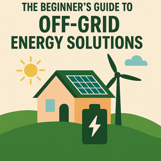 Ilustración de una casa con paneles solares, un aerogenerador, un sol y el icono de una batería, con el texto The Beginners Guide to Off-Grid Energy Solutions encima.