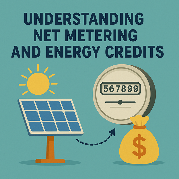 Ilustración que muestra un panel solar, un sol, un contador eléctrico y una bolsa de dinero con un signo de dólar, que representa el concepto de Comprender la medición neta y los créditos energéticos en negrita.