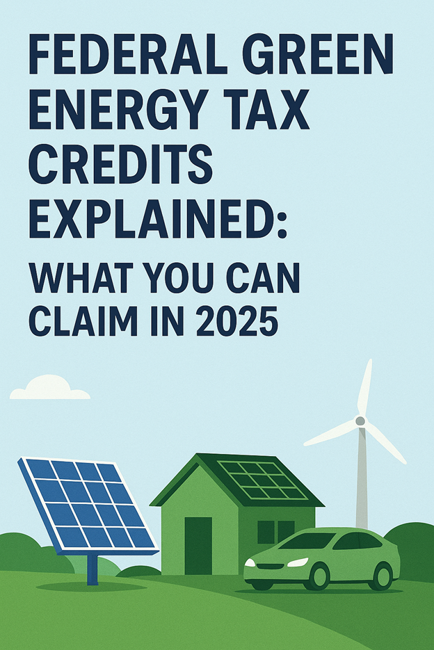 Ilustración con texto: "Explicación de los créditos fiscales federales para la energía verde: Qué puede reclamar en 2025". A continuación se muestran imágenes de un panel solar, una casa, un coche eléctrico y una turbina eólica en un paisaje cubierto de hierba.