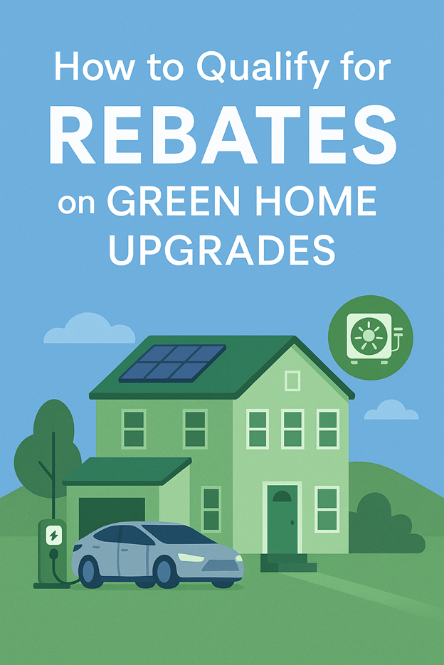 Ilustración de una casa ecológica con paneles solares, un coche eléctrico cargando y texto: "Cómo optar a descuentos en mejoras ecológicas del hogar". Cielo azul, árboles y un icono de energía de fondo.