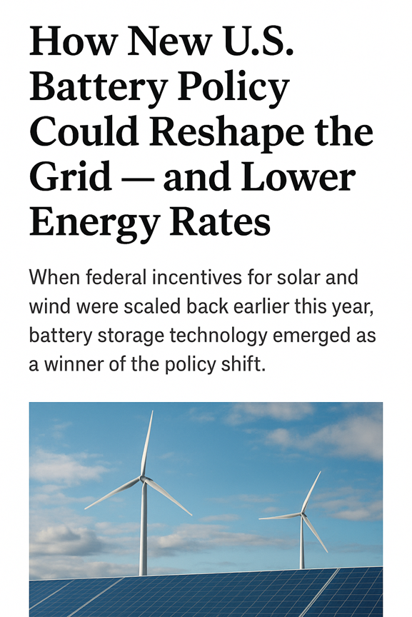 Titular de revista sobre la política de baterías estadounidense que afecta a la red energética y las tarifas, con texto sobre una imagen de dos turbinas eólicas y paneles solares en un cielo azul con nubes dispersas.